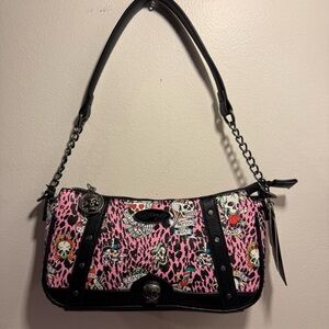 Ed Hardy shoulder crossbody Bag leopard print skull pink NWT